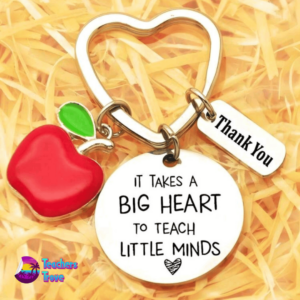 “It Takes a Big Heart to Teach Little Minds” Stainless Steel Keyring with Red Apple and Thank You Charm - Image 2