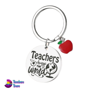 “Teachers Change the World” Stainless Steel Keyring with Red Apple Charm