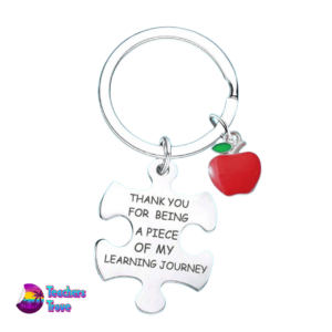“Thank You for Being a Piece of My Learning Journey” Puzzle Piece Stainless Steel Keyring with Red Apple Charm - Image 2