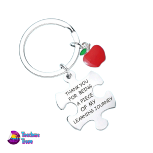 “Thank You for Being a Piece of My Learning Journey” Puzzle Piece Stainless Steel Keyring with Red Apple Charm - Image 3