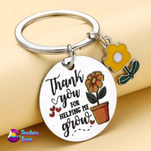 “Thank You for Helping Me Grow” Stainless Steel Keyring with Yellow Flower Charm - Image 2
