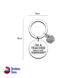 “I’m a Teacher, What’s Your Superpower?” Stainless Steel Keyring with Diamante Apple Charm - Image 3