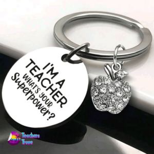 “I’m a Teacher, What’s Your Superpower?” Stainless Steel Keyring with Diamante Apple Charm - Image 2