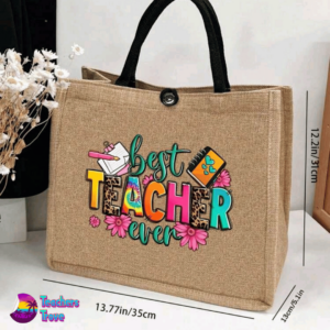 Khaki Linen Teacher Tote Bag – “Best Teacher Ever” - Image 4