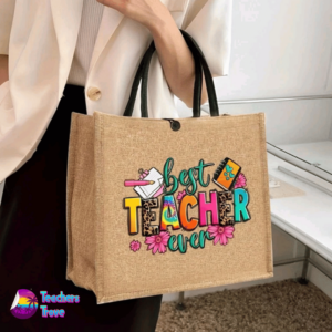 Khaki Linen Teacher Tote Bag – “Best Teacher Ever” - Image 2