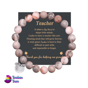 Rose Quartz and Marble Teacher Bracelet with Diamante Apple Charm