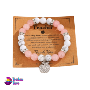 Pink Marble Teacher Bracelet with Diamante Apple Charm