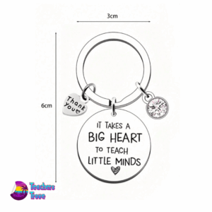 “It Takes a Big Heart to Teach Little Minds” Stainless Steel Keyring with Pink Diamante and Heart Charm - Image 2