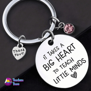 “It Takes a Big Heart to Teach Little Minds” Stainless Steel Keyring with Pink Diamante and Heart Charm - Image 3
