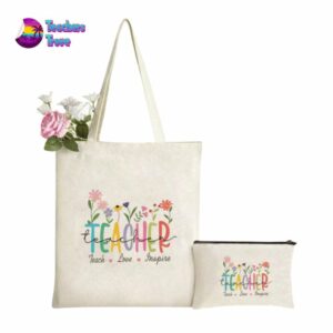 Teach, Love, Inspire Floral Teacher Tote Bag Set with Pencil Case