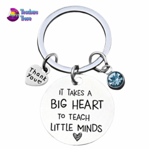 “It Takes a Big Heart to Teach Little Minds” Stainless Steel Keyring with Blue Diamante and Heart Charm