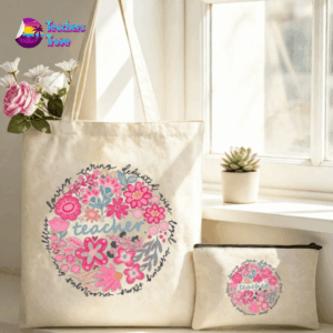 Pink Floral Teacher Tote Bag Set with Pencil Case