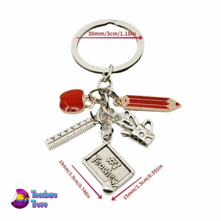 Second image of “#1 Teacher” Stainless Steel Charm Keyring with Apple, Ruler, Chalkboard, Paint Brushes, and Pencil Charms