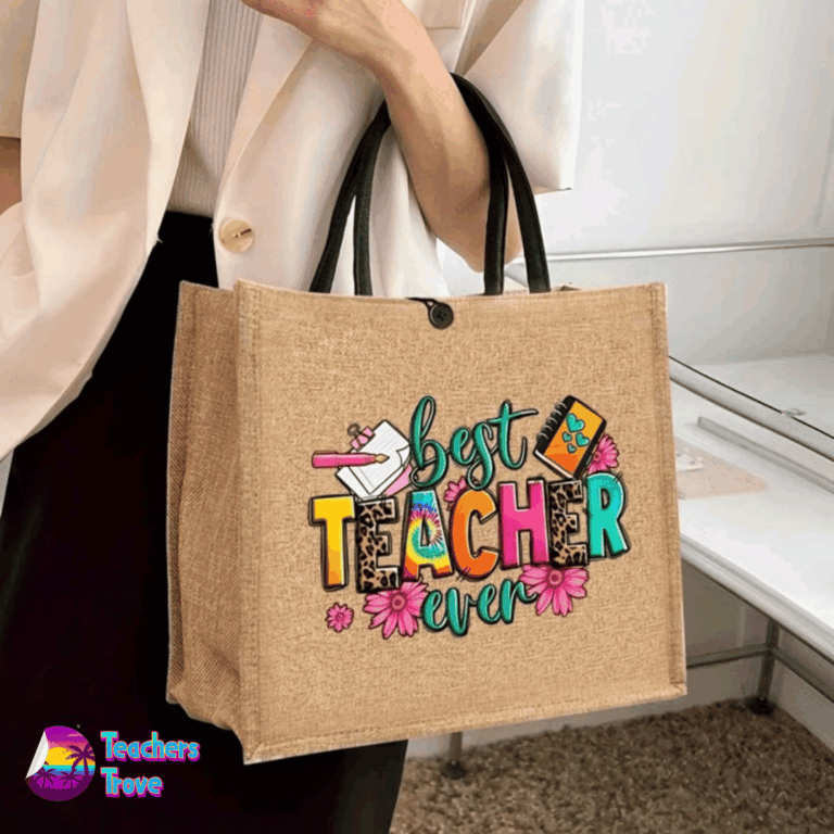 Second image of Khaki Linen Teacher Tote Bag – “Best Teacher Ever”