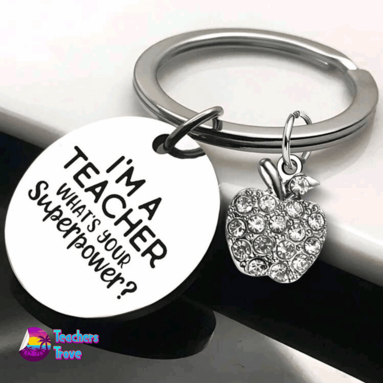 Second image of “I’m a Teacher, What’s Your Superpower?” Stainless Steel Keyring with Diamante Apple Charm