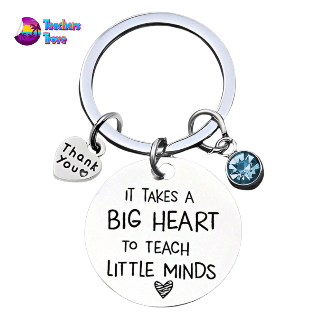 “It Takes a Big Heart to Teach Little Minds” Stainless Steel Keyring with Blue Diamante and Heart Charm